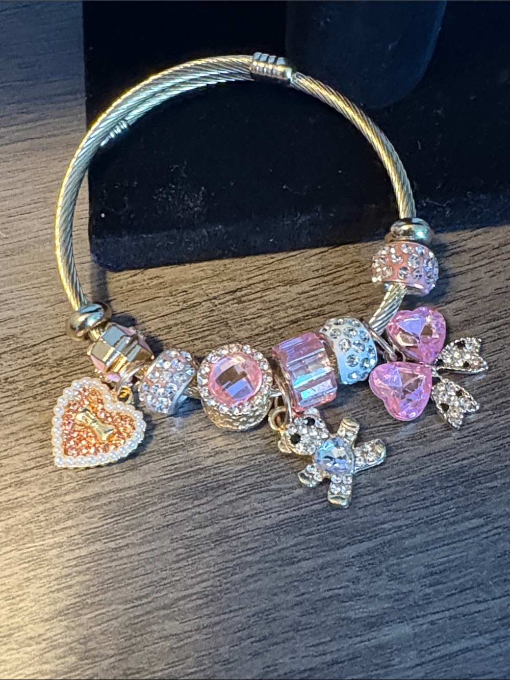 Pink Rhinestone Charm Bracelet Silver Tone Teddy Bear Hearts